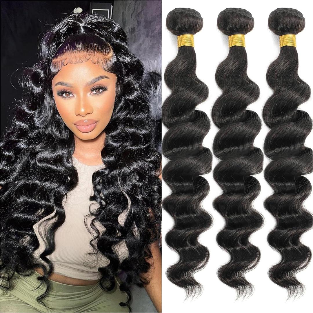 18A Human Hair Bundles 22 24 26 Inch Loose Wave Bundles Human Hair 100% Unprocessed Brazilian Virgin Hair 3 Bundles Double Weft Hair Extensions for Black Women Natural Black