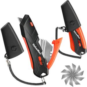 ValueMax 2-Pack Box Cutter Knife, Cardboard Cutter with Self-Retracting 3-Position Locking Blade, Safety Sheath, Lanyard, Extra 18 Blades Included, Blade Storage Design