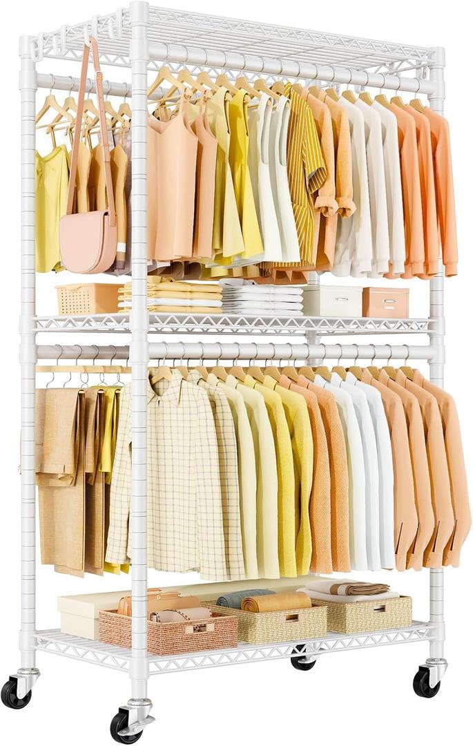ULIFHOME P5 Rolling Clothes Rack Heavy Duty, Clothing Racks for Hanging Clothes, Metal Garment Rack with Wheels, 3-Tier Portable Closet Rack 39.4'' W 20.5'' D 80.5'' H, Max Load 650 Lbs, White