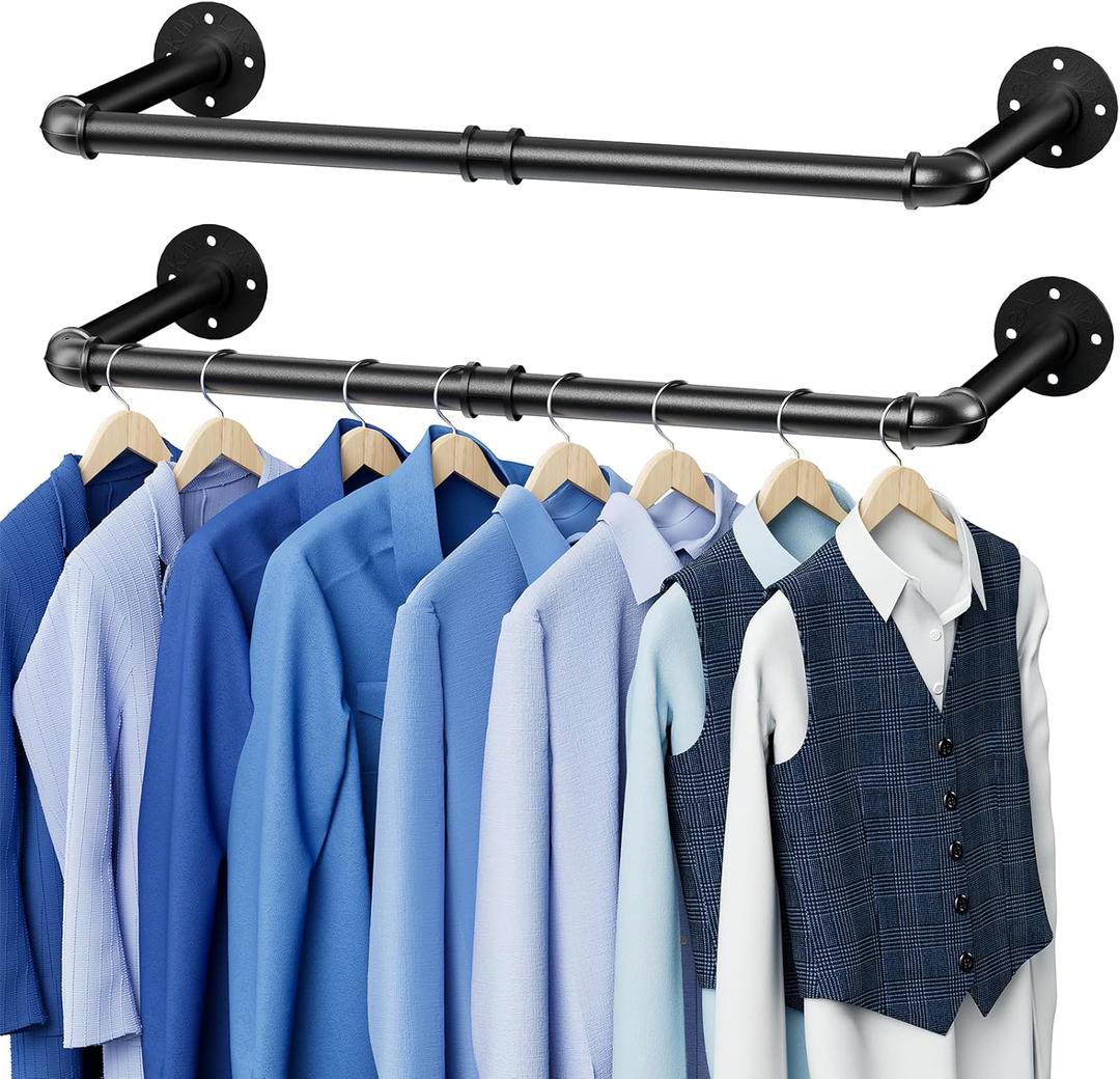 Wall Mounted Clothes Rack 36.4 Inch, 2 Pack Industrial Pipe Clothing Rack, Black Wall Clothing Rack, Multi-Purpose Clothing Hanging Rod for Closet
