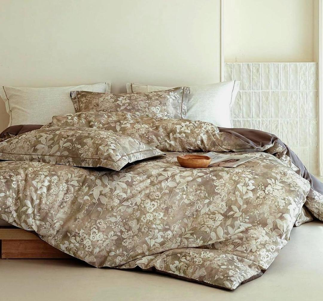Floral Comforter King Size - 100% Long Staple Cotton Gradient Brown Leaf Reversible Comforter Set 3pcs, Soft Breathable Hypoallergenic Bedding Set