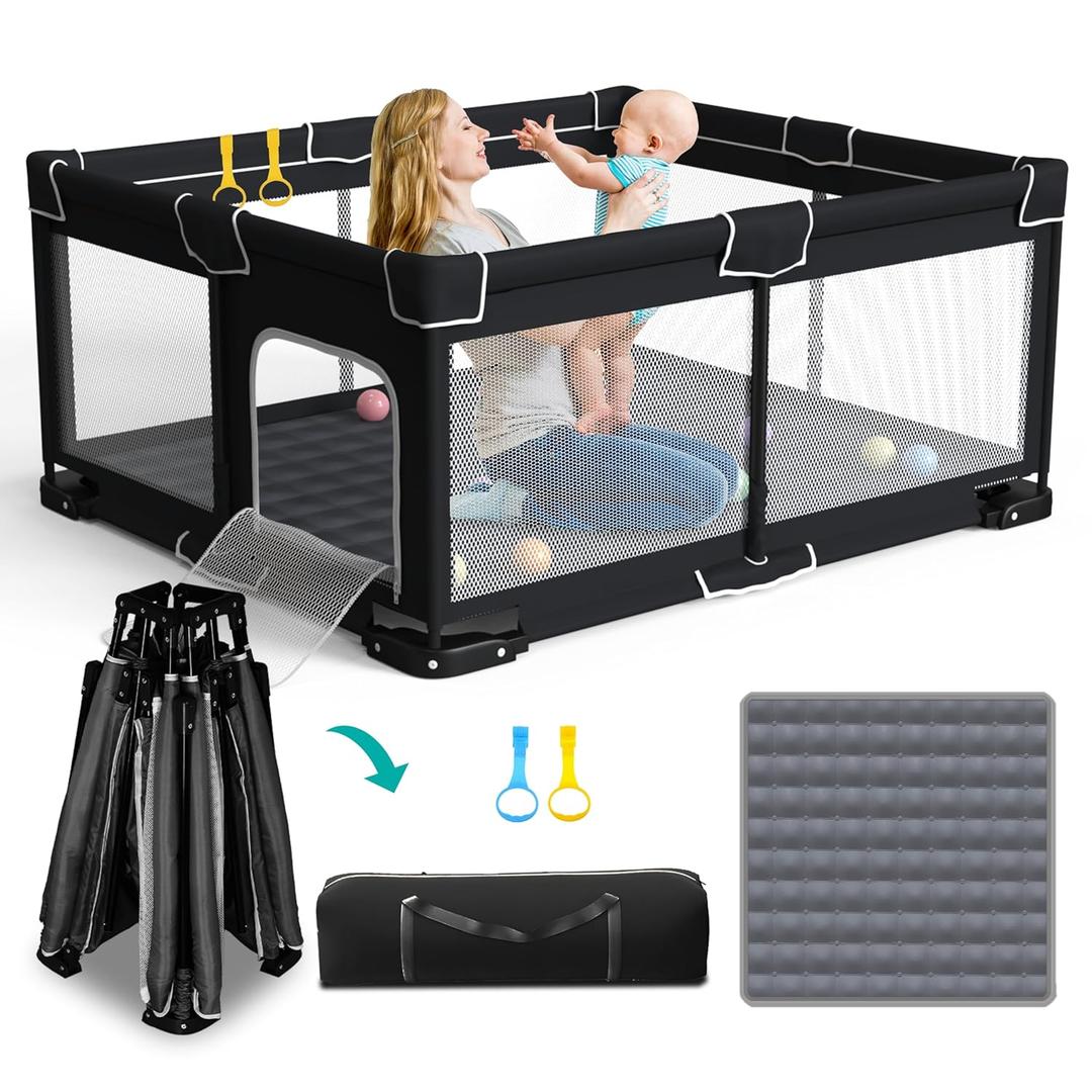 ICAREWAY Foldable Playpen for Babies and Toddlers, 71x59 Inches Portable Playpen, Kids Collapsible Play Pen with 2 Handlers, Indoor & Outdoor Baby Play Area with Visible Mesh (Black)
