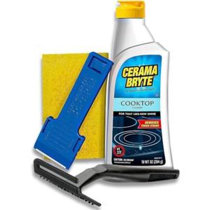 Cerama Bryte Glass Cooktop Cleaner Combo Kit with POW-R Grip, Scraper, Pad Removes Tough Stains, Stovetop Cleaner for Glass - Ceramic Surfaces, 10 Ounces, 4 Piece