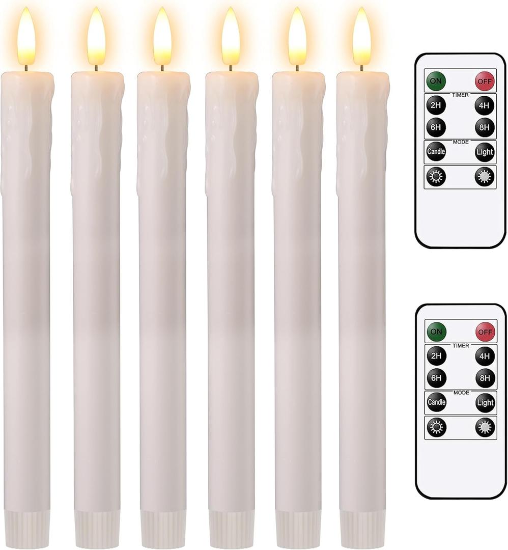 Tyawon Battery Operated Drip Real Wax LED Flameless Taper Candles 10-Key Remote with Timer 9.8 inch Window Candles LED Flickering Warm Wick Christmas Home Wedding Decor (Pack of 6)-Lvory White