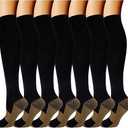 Double Couple 7 Pairs Copper Compression Socks for Men Women 20-30 mmHg Knee High Stockings S-M