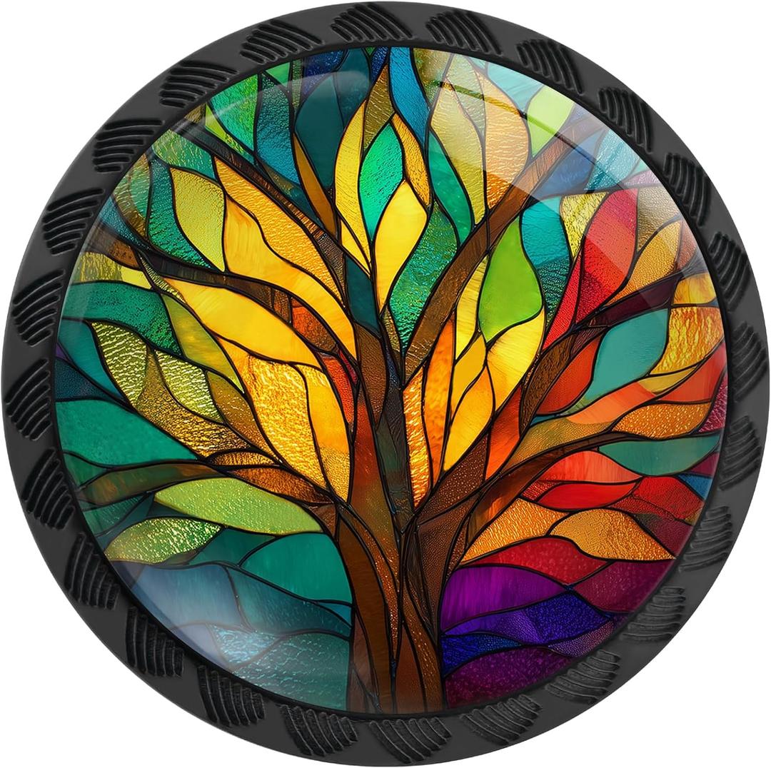 4 Pack Stained Glass Tree of Life Cabinet Knobs Round Drawer Pulls Colorful Tree Knob Cupboard Door Handles Hardware for Kitchen Bathroom Cabinets