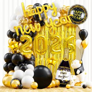 2026 New Years Eve party supplies, Happy New Years Decorations 2026, Gold Black Balloons Supplies Set with 2026 Foil Balloons, Happy New Year Banner Champagne Golden Curtains for New Year Decoration