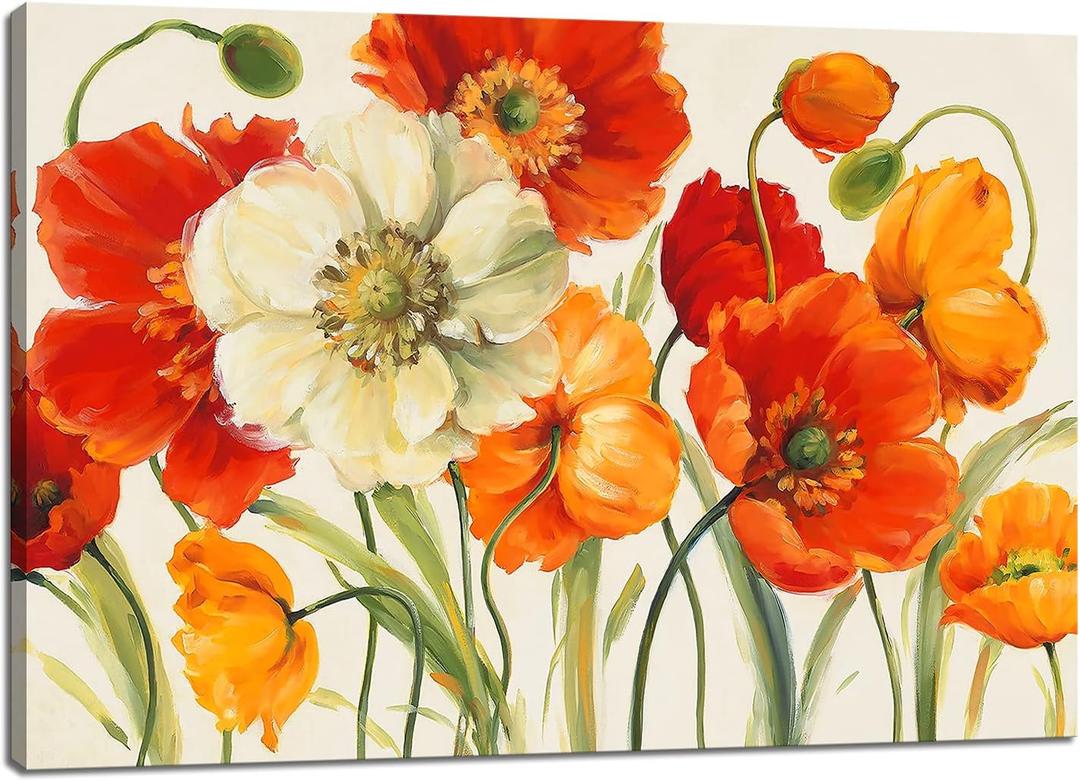 Derkymo Flower Framed Artwork Orange Poppies Picture Elegant Flowal Canvas Wall Art 16"x24"