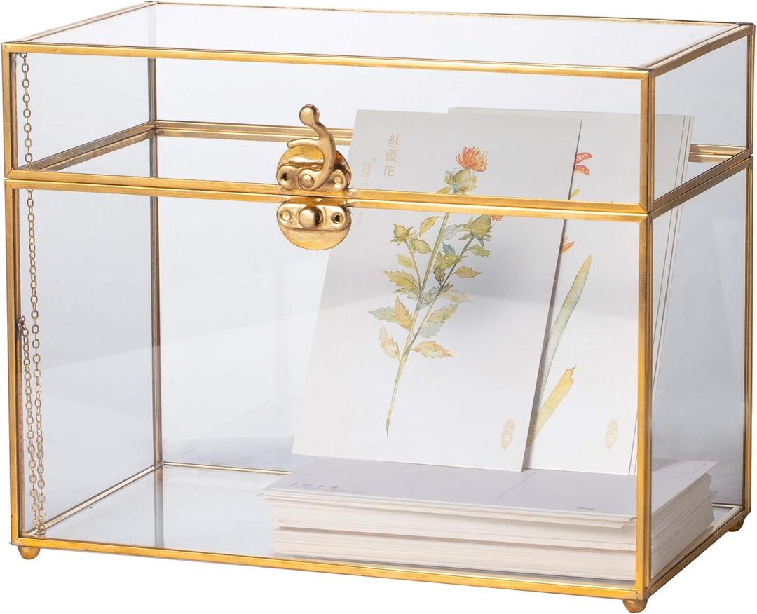 NCYP Small No Slot Glass Card Box with Lid for Wedding Reception, Party Wishwell Keepsake - 9.8" x 5.6" x 7.7" Gold, Tabletop Decor (Glass Box Only, No Lock)