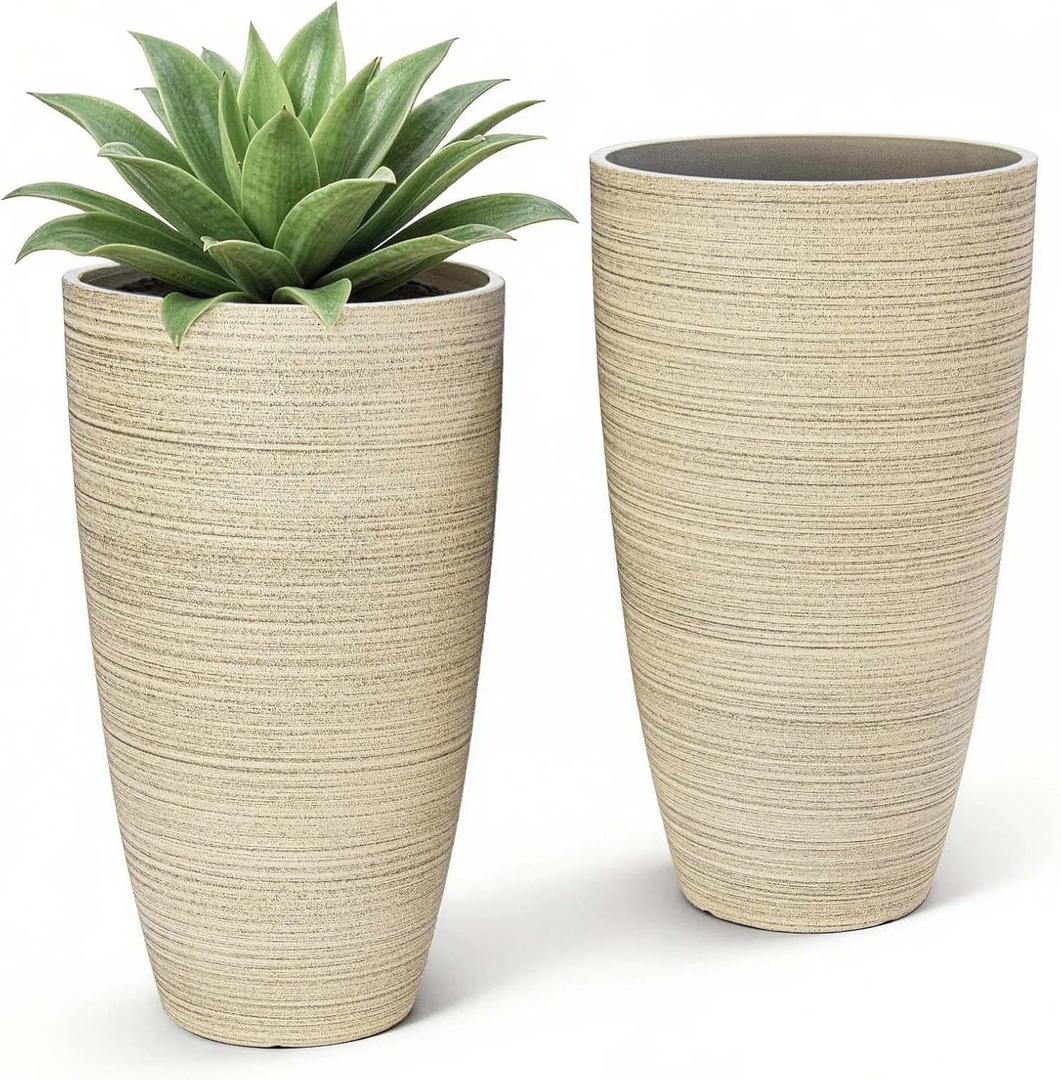 ZMTECH 2-Pack Large Tall Planters with Saucer - 6.8 Gallons /12x21 Inch Faux Stone Finish Round Flower Pots for Indoor Plants, Outdoor Patio & Porch Decor, Unbreakable Plant Containers Beige
