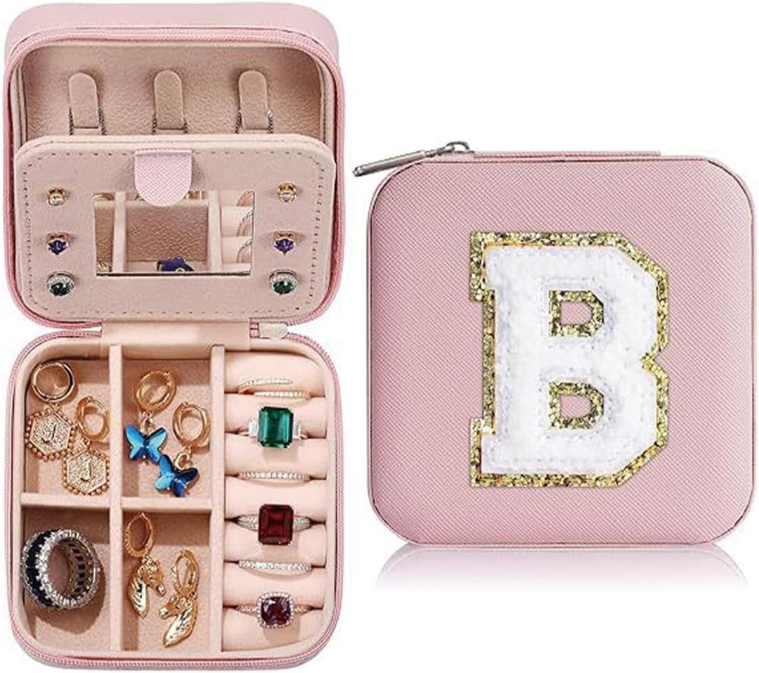 Travel Jewelry Case with Mirror, Mini Portable Jewelry Travel Organizer, Small Jewelry Box for Bridesmaid Gift, Travel Essential to Store Ring, Necklace, Earring. (B)