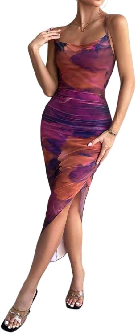 LIGHT DOT Women's Spaghetti Strap Printed Bodycon Ruched Midi Cocktail Dress Sexy Cowl Neck Tie Dye (Purple Orange,M)