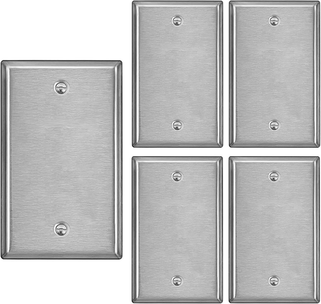 BESTTEN 5 Pack 1Gang Blank Metal Wall Plate with Ｗhite or Clear Plastic Film, No Device Stainless Steel Wallplate, Durable CorrosionResistant Industrial Grade, H4.53” x W2.76”, Brushed Finish