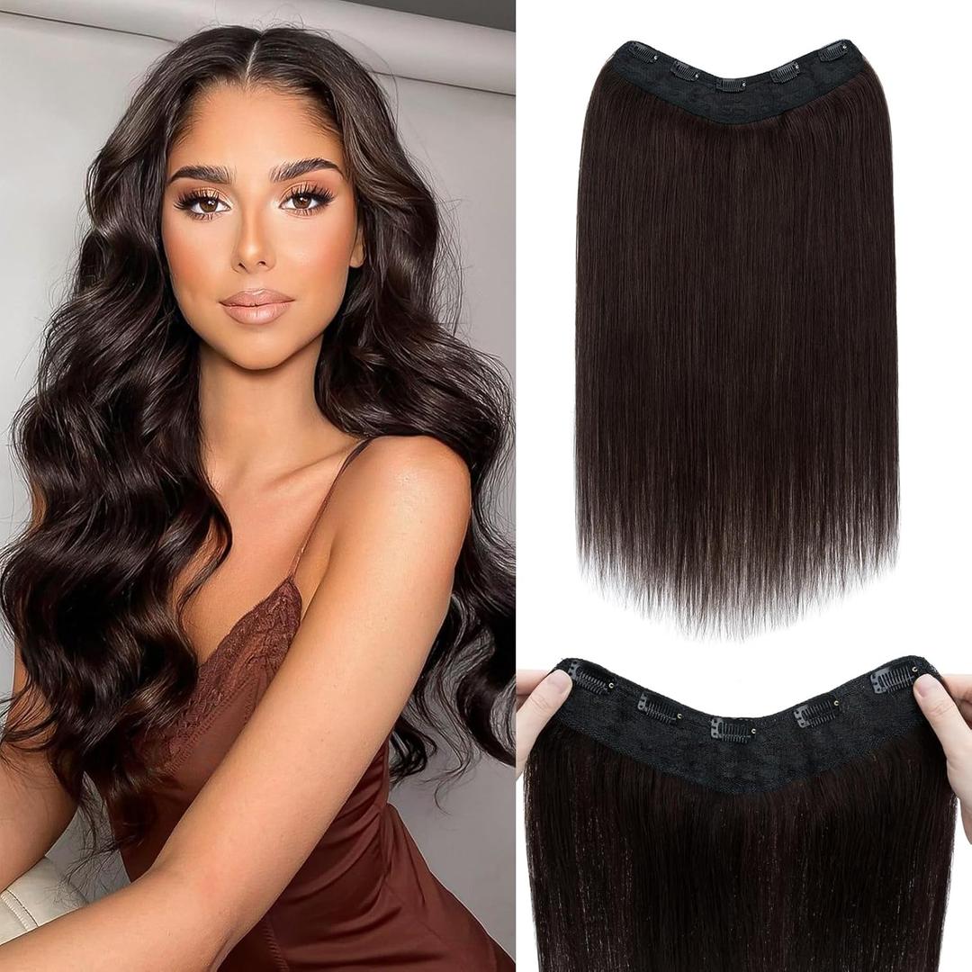 Benehair One Piece Clip in Hair Extensions Real Human Hair 3/4 Full Head V Shaped Weft Thicker Hair Lace Net One Piece Hair Extensions with 5 Clips (12"-55g #2 Dark Brown)