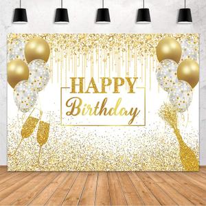 MEHOFOND Happy Birthday Backdrop White and Gold Glitter Diamond Balloon Photography Background White Gold Shinning Sparkle Birthday Party Decorations Banner Cake Table Supplies Photo Props 7x5ft
