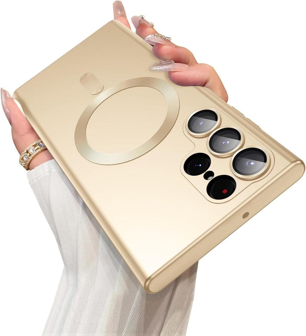 LEKEVO Magnetic for Samsung Galaxy S22 Ultra Case [Compatible with MagSafe][Built-in Camera Lens Protector] Slim Soft Silicone Bumper Shockproof Metallic Luster Phone Case (Gold)