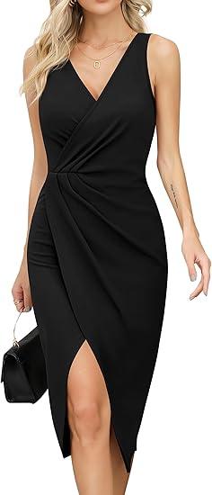 Missufe Women's Sleeveless V Neck Wrap Ruched Bodycon Party Cocktail Sheath Slit Midi Dress S