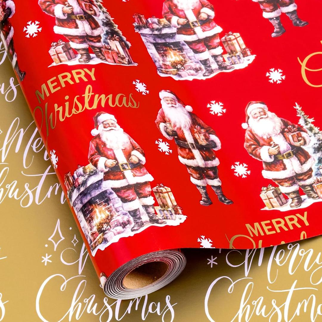 MAYPLUSS Christmas Wrapping Paper Roll - 17IN X 33FT - Red Gift Wrapping Paper Featuring Santa Claus Fireplace Against Red Reversible Merry Christmas for Kids, Holiday, New Year