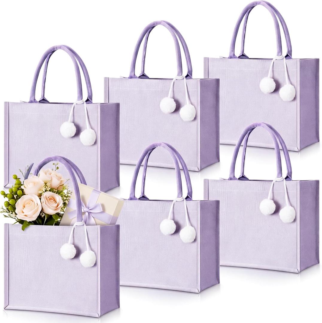 Paterr 6 Pack Personalized DIY Wedding Canvas Tote Bags for Women with Pom Poms DIY Blank Bridesmaid Bags for Mother Bridal