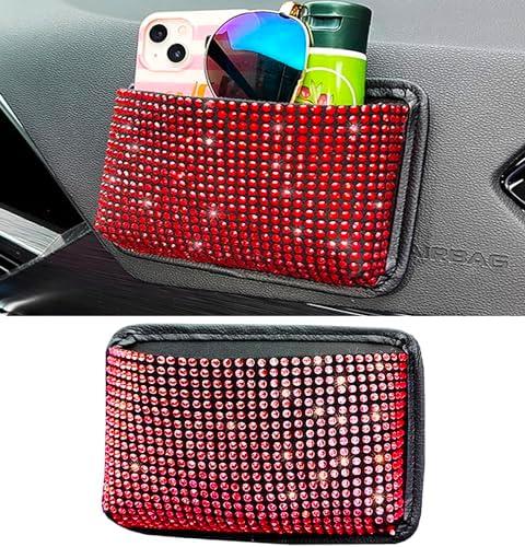 Dotesy Bling Bling Car Seat Side Pocket Organizer Sparkling Crystal Mini Storage Bag Holder Tray Pouch Vehicle Seat Gap Filler for Pen Phone Document Registration Notepad (Red)