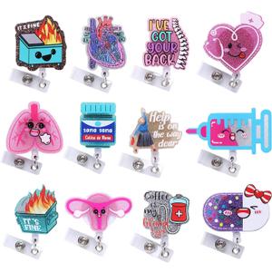 12 Pcs Cute Nurse Badge Reels Funny Acrylic Retractable Badge Holder with Alligator Clip Nurse, Cute Cool Id Tag Card Holder Clips for Doctor Student,Teacher,Work OfficeAccessories Bulk Gifts (Multicolour)