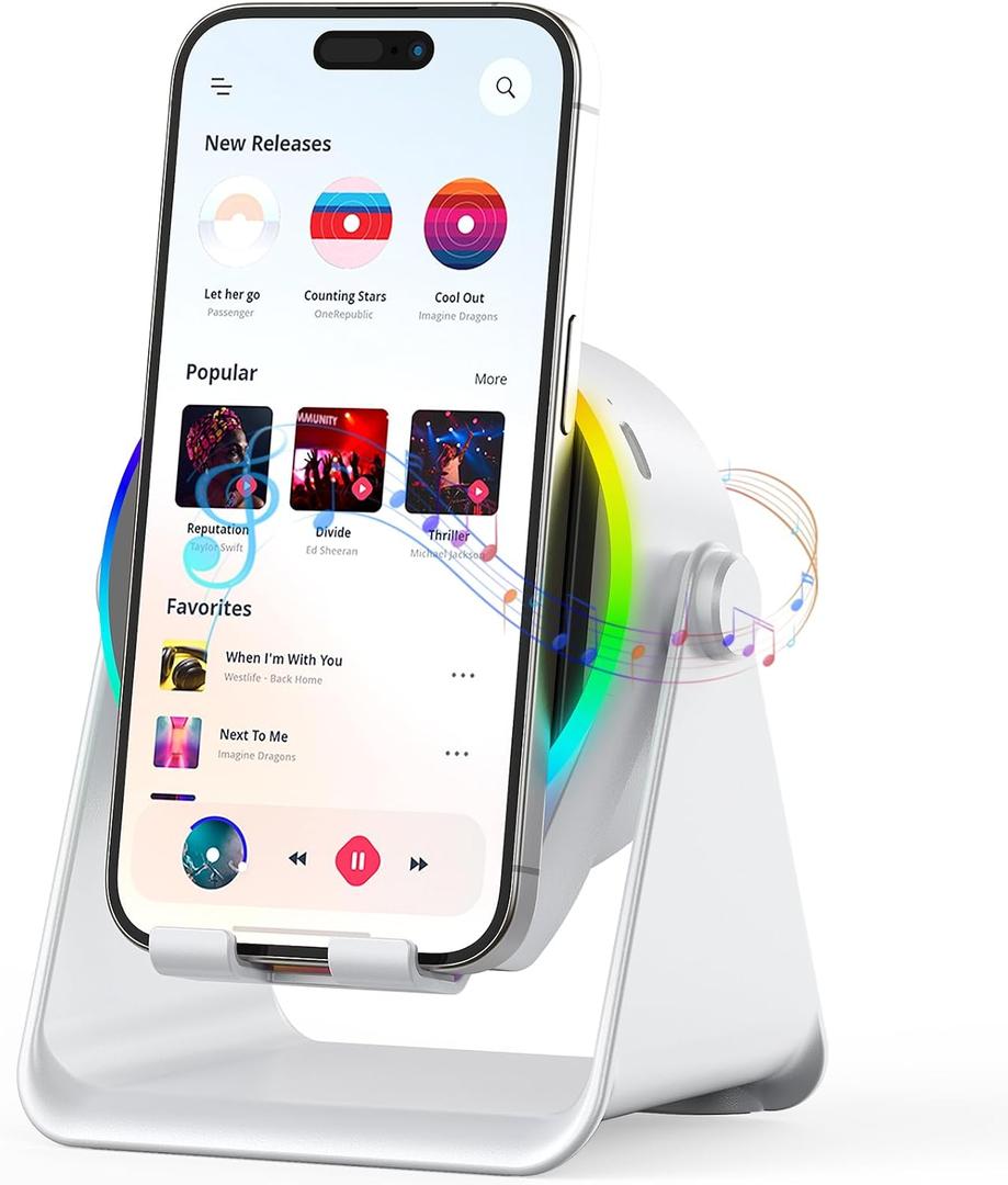Wireless Induction Speaker, 4 in 1 Bluetooth Speaker Phone Stand with RGB Light, 360 Rotation Phone Holder Compatible with iPhone Android iPad Samsung Galaxy, Birthday Gift for Men Women (White)