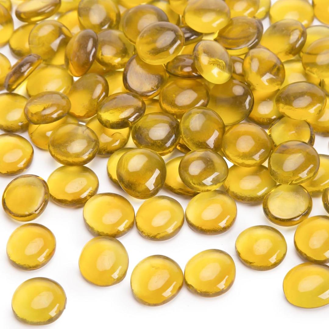 FUTUREPLUSX 5Lb Flat Glass Marbles, 500PCS Amber Yellow Vase Filler Beads Flat Gems Decorative Glass Stones for Table Scatter Hydroponic Plant Decor