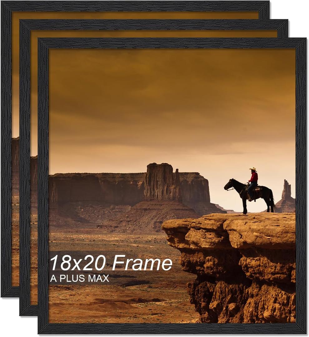 A PLUS MAX 18x20 Picture Frame Set of 3, Black Engineered Wood Frame for 18 x 20 Inch Picture Poster Photo, Light Weight 18 by 20 Frame with Wood-grain for Wall - 3 Pack/Black/18 x20