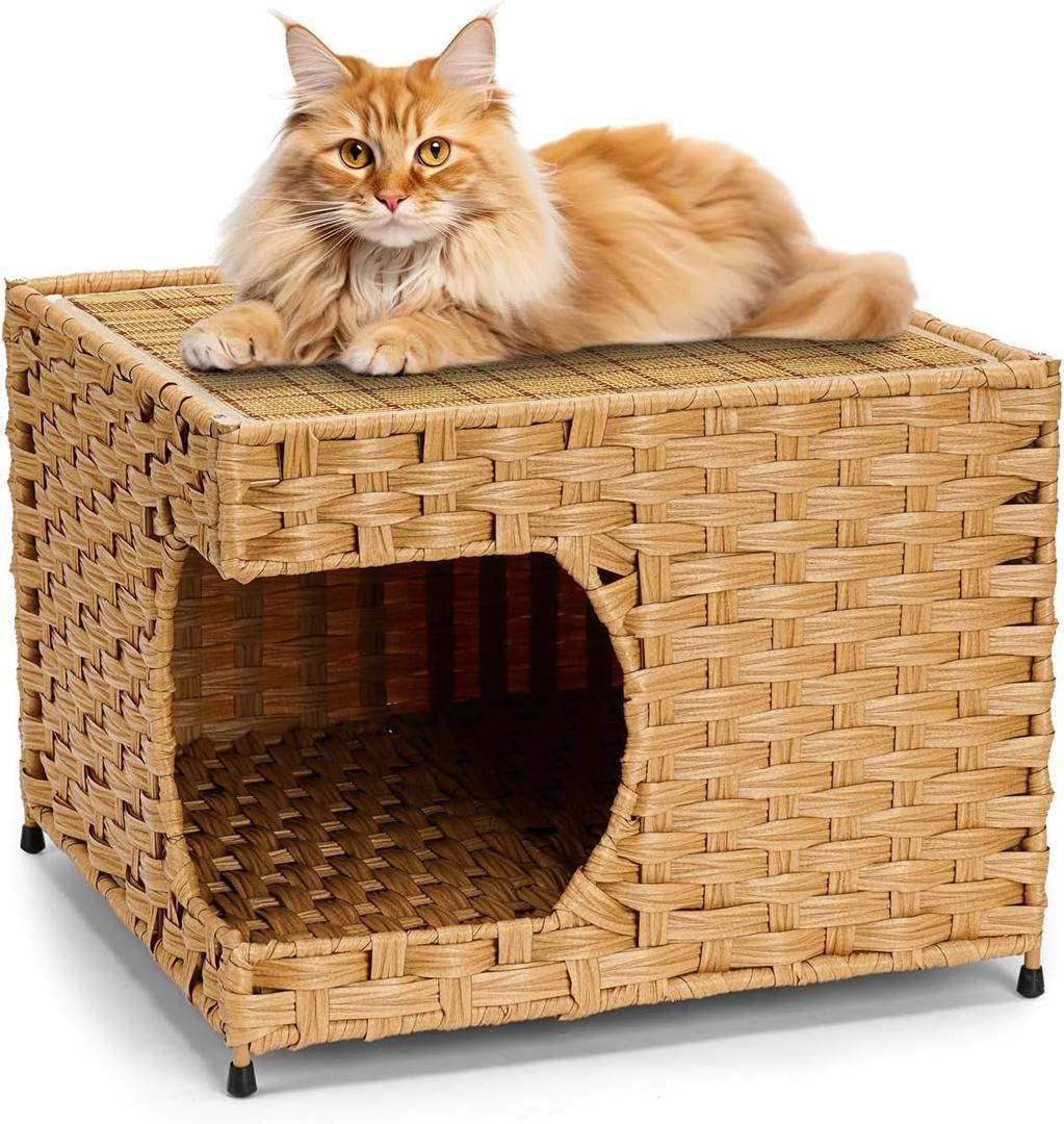 Cat House for Indoor Cats - Wicker Cat Bed with Double-Sided Soft Cushion, Decorative Handwoven Pet Bed Furniture