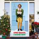 Buddy The Elf Christmas Door Cover, Omg Santa I Know Him Porch Sign for Outdoor Decorations, Funny Elf Photo Booth Background Banner, Christmas Party Decor Supplies, 70.8x35 Inch
