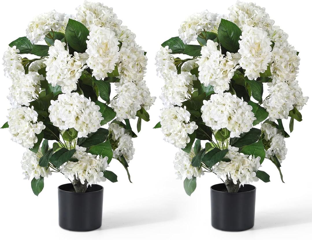 Faux Hydrangea Trees 30“ 2 Pack, Hydrangea Artificial Flower for Outdoor, UV Resistant Lifelike Potted Shrubs for Porch & Patio, Fake Plants for Wedding, Living Room Farmhouse (White)