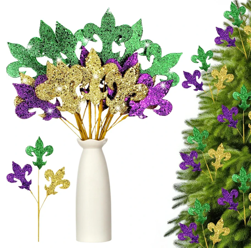 Suncalla 12 Pcs Mardi Gras Decoration Mardi Gras Picks 15 Inch Glitter Fleur De Lis Picks Carnaval Purple Green Gold Ornament for Tree Topper Home Floral Arrangement Wreath Party Decor