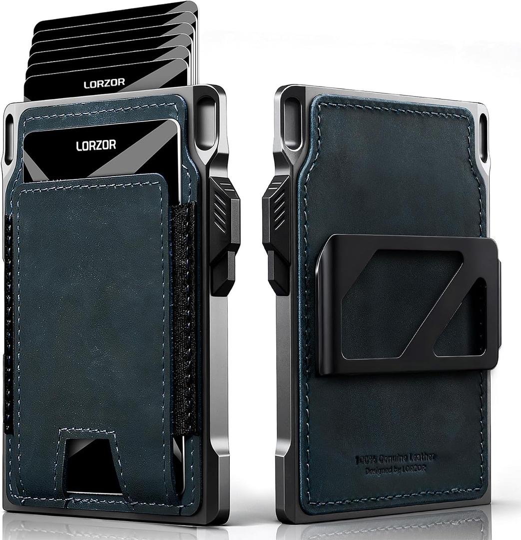 LORZOR Slim Tactical Wallet - Front Pocket Mens Minimalist Wallet, Smart Pop up Card Case, Full Grain Leather Credit Card Holder RFID Blue Wallet