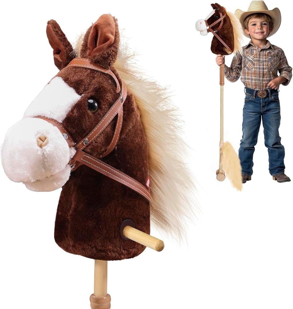 Plush Stick Horse with Wood Wheels Real Pony Neighing and Galloping Sounds Toy, Horse on A Stick Provides Fun Pretend Play for Toddlers & Preschoolers (AA Batteries Required)