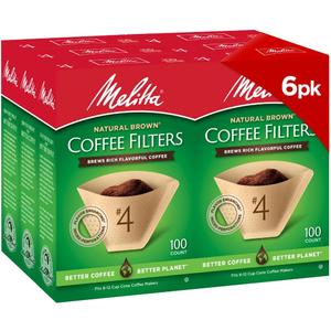 Melitta #4 Cone Coffee Filters, Natural Brown, 100 Count (Pack Of 6), 600 Total Filters - Fits all 8-12 Cup Cone Coffee Makers and Pour-Overs, Compostable, Tear-Resistant