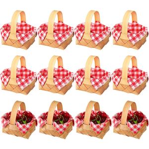 Geelin 12 Pcs Mini Woven Basket with Handle and Red White Gingham Paper Napkins Wood Chip Mini Flower Fruit Picnic Basket Chip for Easter Spring Wedding Party Gift Decoration (Medium)