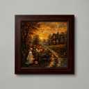 Spooky Halloween Cottage Framed Canvas Wall Art – Cute Ghost, Pumpkin Wagon & Autumn Countryside Painting, 19.7"L x 19.7"W