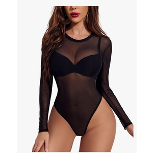 Avidlove Womens Mesh Long Sleeve Bodysuit Round Neck Sheer Leotards Geo Print Bodysuit Top with Snap Crotch, M