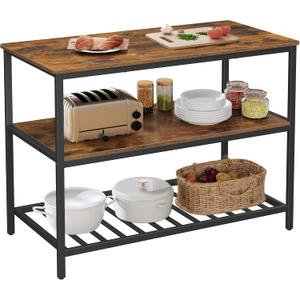 VASAGLE Kitchen Island with 3 Shelves, 47.2 Inches Width Kitchen Shelf with Large Worktop, Stable Steel Structure, Industrial, Easy to Assemble, Rustic Brown and Black UKKI01BX