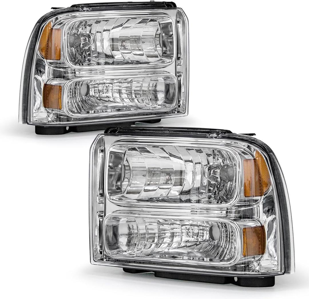 Headlight Assembly Compatible with 2005 2006 2007 Ford F250 F350 F450 F550 Super Duty /2005 Ford Excursion Chrome Housing Amber Reflector Driver and Passenger Side (OE Replacement)
