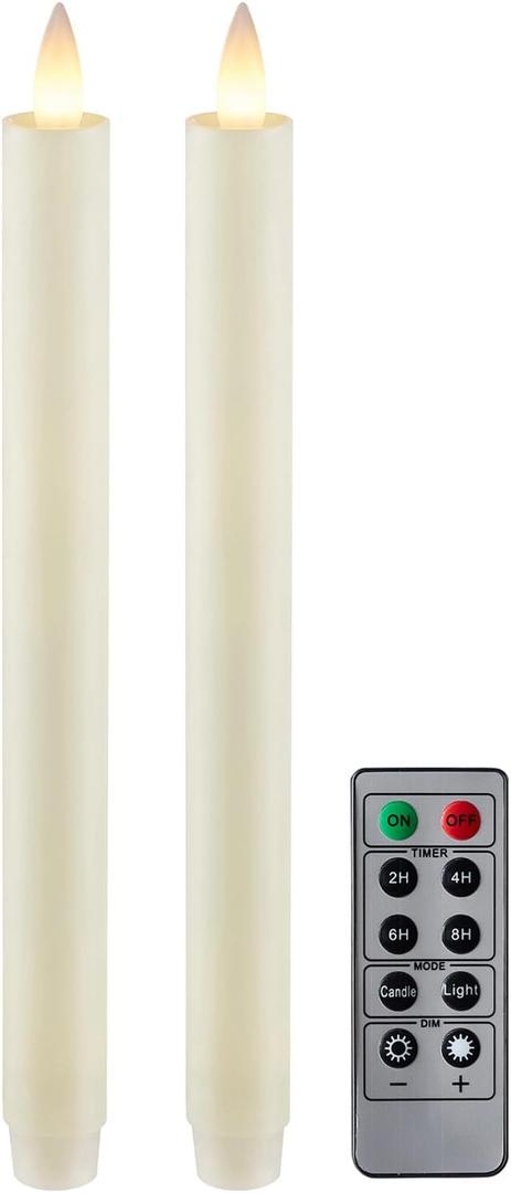 Flameless Taper Candles Flickering with Remote and Timer, 3D Moving Flame Taper Candle Battery Operated to 400 Hours, 9 Inch Window Candles, (Ivory)