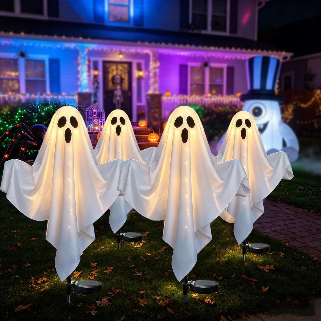 LipLopBest 4 Pack Ghost Pathway Light Halloween Stake Solar Lights