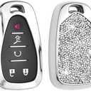 Royalfox 3 4 5 6 Buttons 3D Bling Diamond Rhinestones Girly Smart Remote Key Fob Case Cover for 2016 2017 2018 2019 2020 2021 2022 Chevy Chevrolet Malibu Camaro Cruze Traverse (Silver)