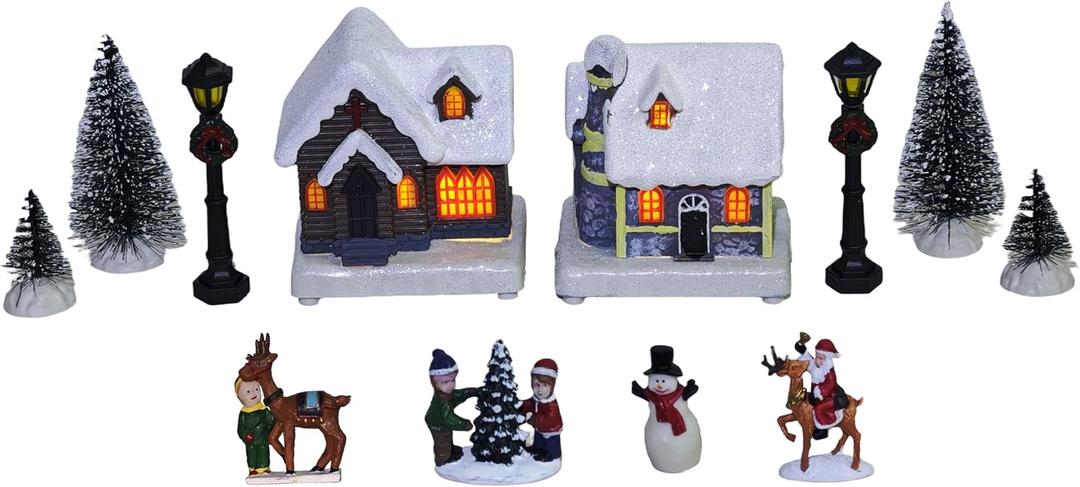 MerryPulse Christmas Village Sets - 12 Pcs Christmas Village Houses Figurines Accessories Xmas Town Scenes Building Collection Xmas Indoor Decor (Multicolor)