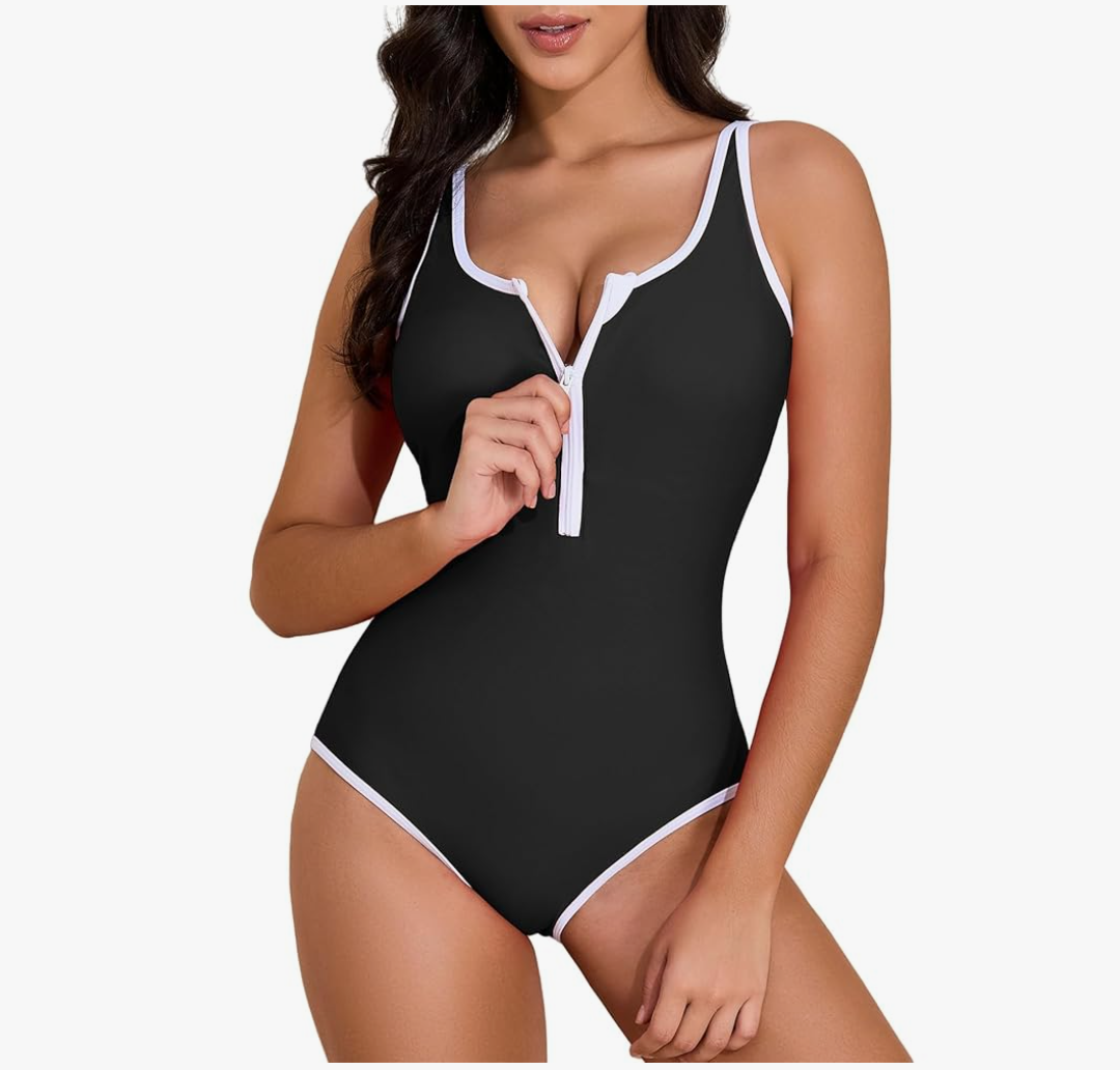 Zando Women's One Piece Swimsuit Athletic Zipper Front Bathing Suits Square Round Neck Low Back Swimwear (XL, Black)