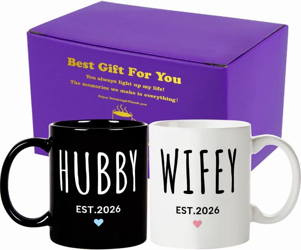 Fatbaby Hubby Wifey Est 2026 Couple Coffee Mug, Bridal Shower Engagement Wedding Anniversary Valentines Day Gifts For Couples Newlywed Husband Wife His Her Tea Cup 11 OZ