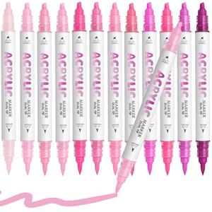 Diyeever Pink Acrylic Paint Pens, Water Based 12 Colors Dual Tip Acrylic Paint Markers for Rock Painting Wood, Glass, Ceramic, Canvas, Fabric, Stone, DIY Crafts Making Art Supplies