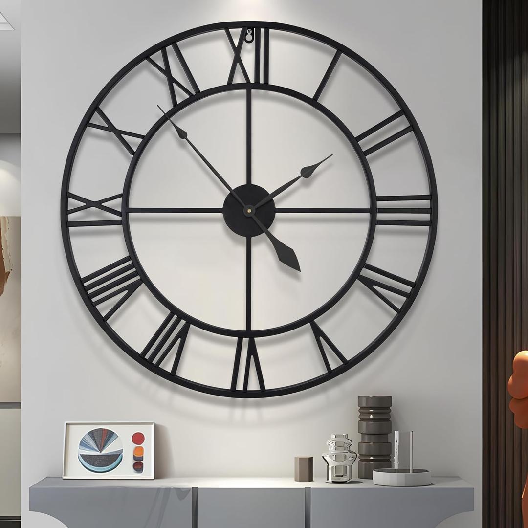 LEIKE 32" Large Wall Clock for Living Room Decor-Modern Big Round Metal Decorative Battery Operated Silent Wall Clock for Bedroom,Dinning Room,Farmhouse,Office (Black,32", Roman Numeral)