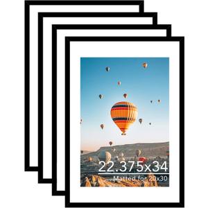 JCJMY 22.375x34 Picture Frame with 20x30 Mat Set of 4, Display Photo 20x30 with Mat or 22.375 x 34 Without Mat, Wall Hanging Large 22.375 by 34 Poster Frame with Plexiglass, 4 Pack, Black