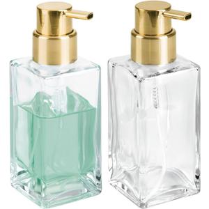 mDesign Glass Refillable Foaming Hand Soap Dispenser Modern Square Pump Bottle for Bathroom Vanities or Kitchen Sink, Countertops - 2 Pack - Clear/Soft Brass